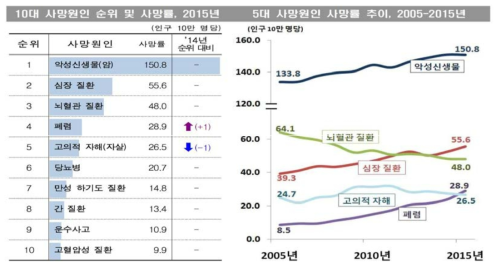 10대 사망원인 순위 및 사망률 추이 (출처: 2015년 통계청)