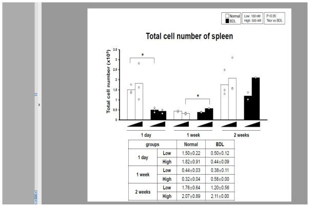 microRNA scrambled Cy-5 이식 후, 주 수별 비장에서의 총 세포 수 비교