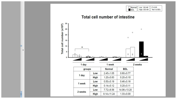 microRNA scrambled Cy-5 이식 후, 주 수별 장에서의 총 세포 수 비교