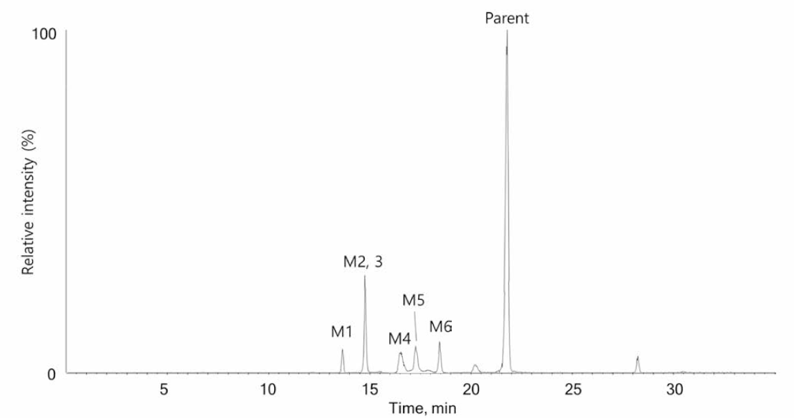 DM1의 시험관 내 대사체 평가를 통한 metabolite profiling 및 total ion chromatogram