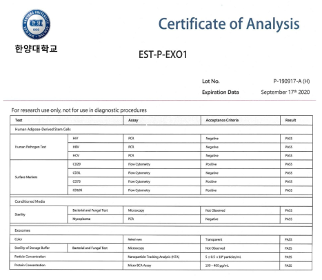 품질관리된 세포외소포의 COA