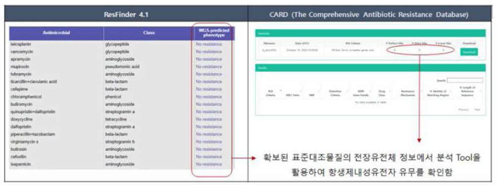 표준대조물질의 항생제내성유전자 분석 결과