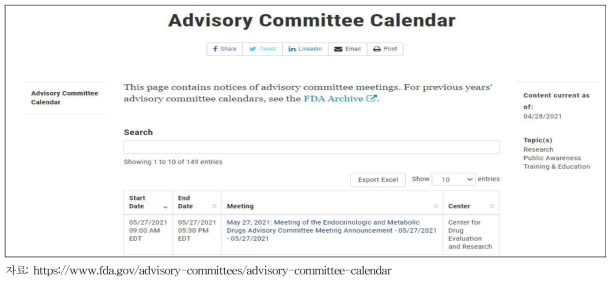 Advisory committee calendar FDA