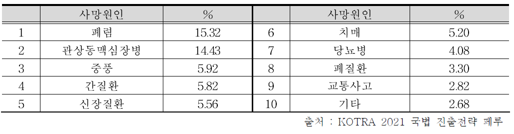 페루 사망원인 상위 10가지