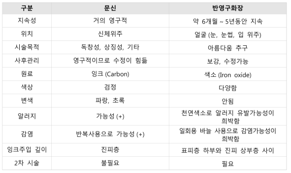 문신과 반영구화장의 차이비교 (보건복지부, 2016)