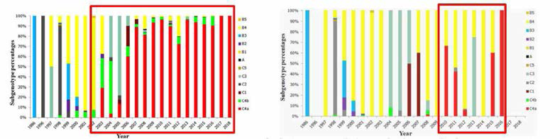 아시아권 EV71 genotype 감염추세(Sun et al. Gut Pathos (2020) 12:38)