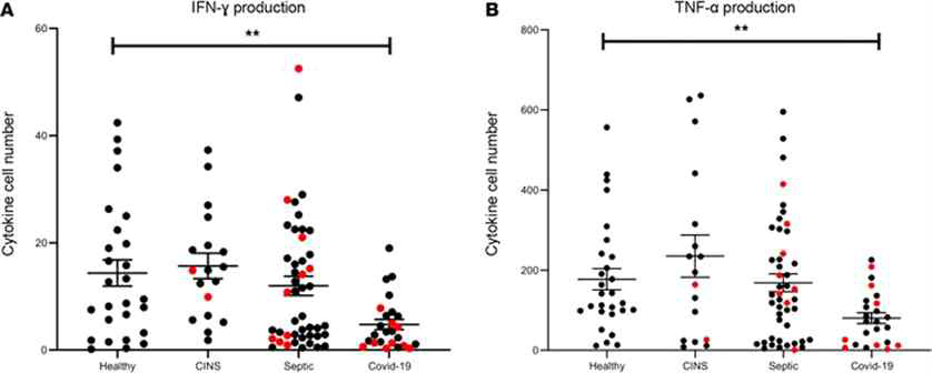 COVID-19 환자에서 IFN-g 와 TNF의 생성 저하 (Ramy et al. JCI Insight, 2020)