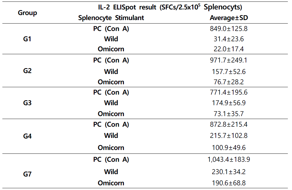 B사 백신 후보물질 접종 후 마우스 각 그룹 별 IL-2 ELISpot 평균 SFCs