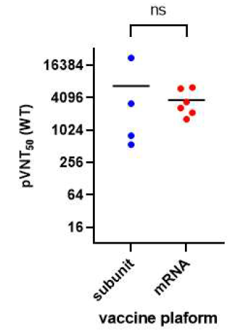 각 platform 백신의 Geomean pVNT50 비교