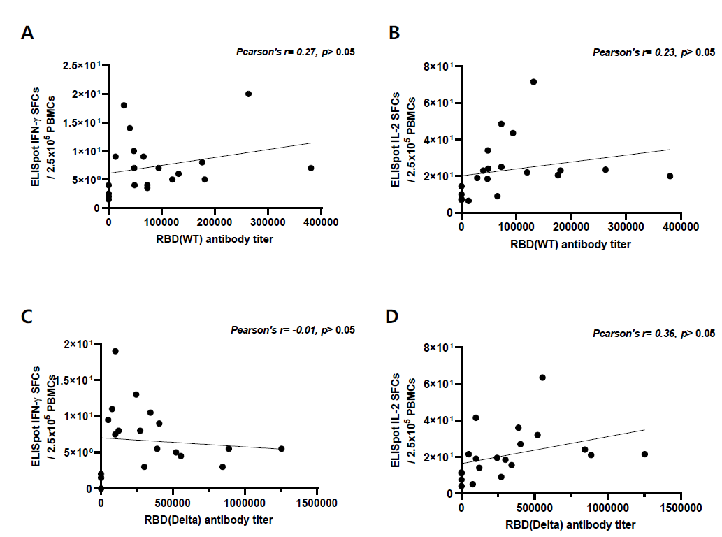 A사 subunit vaccine에서 Binding antibody titer와 ELISpot SFCs와의 상관관계 A. Binding antibody titer와 wild S peptide로 자극한 IFN-y ELISpot SFCs B. Binding antibody titer와 wild S peptide로 자극한 IL-2 ELISpot SFCs C. Binding antibody titer와 Delta S peptide로 자극한 IFN-y ELISpot SFCs D. Binding antibody titer와 Delta peptide로 자극한 IL-2 ELISpot SFCs