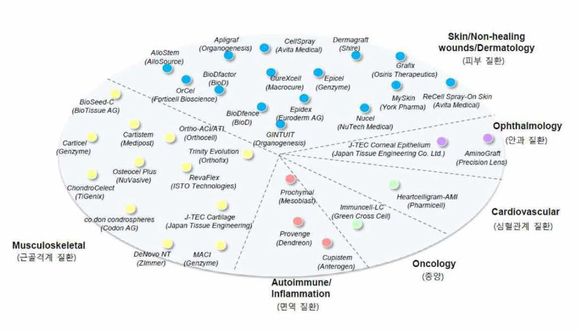 글로벌 시장에 출시된 주요 세포치료제의 질환 분포 현황 출처 : Frost&Sullivan, Future of Cell Therapy in the Regenerative Medicine Market(2016.5), 바이오인더스트리 글로벌 세포치료제 시장 현황 및 전망 (2017)