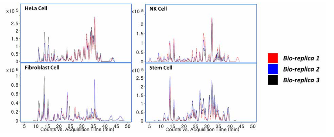 각 기원별 세포의 Bio-replica 분석 재현성