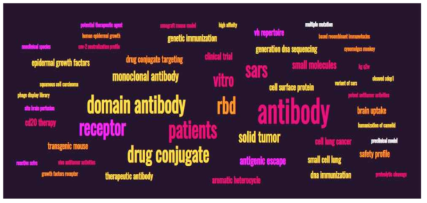 단일도메인항체와 항체 약물 접합체 관련 50개 키워드를 분석한 워드 클라우드 결과