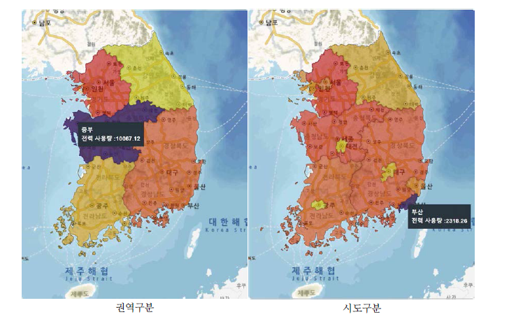 지도에서 5개 권역과 12개 시도의 구분지도