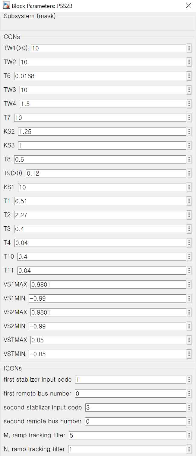 MATLAB Simulink 환경에서 구현한 PSS2B 모델 파라미터 데이터 시트