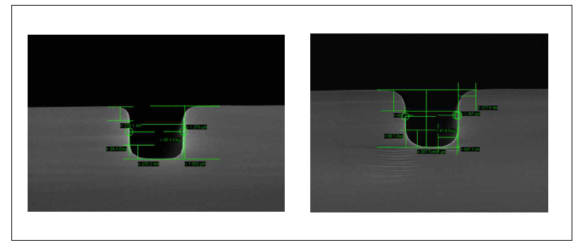 H2 anneal이후 SiC trench profile(좌: 1400oC,30min,우: 1400oC,50min)