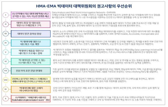 HMA-EMA 빅데이터 대책위원회의 10가지 권고사항의 우선순위에 따른 시행절차