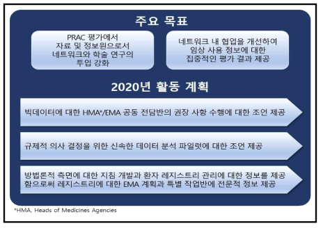 PRAC의 2020년 시판 후 관리에 대한 실제 임상 사용 정보 활용 계획 출처: Pharmacovigilance Risk Assessment Committee (PRAC): Work Plan 2020을 재구성