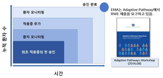 Adaptive Pathway를 통한 의약품 승인과정 출처: IQVIA, Senthi Sockalingam, Current and Future Use of Real World Evidence by Healthcare Industry 자료를 바탕으로 재구성, https://www.ema.europa.eu/en/documents/report/adaptive-pathways-workshop-report-meeting-stakeholders-8-december-2016_e n.pdf