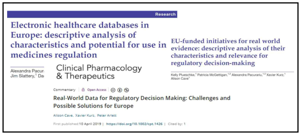 RWD/RWE의 규제적 활용에 대한 유럽 연구 출처: Plueschke K et al. BMJ Open. 2018;8(6):e021864, Pacurariu A et al. BMJ Open. 2018; 8(11), Cave A et al. Clin Pharmacol Ther. 2019 Jul;106(1):36-39