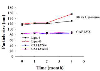 Change of Particle size of the liposomal doxorubicin(CaelyxⓇ) and blank liposome in the accelerated condition of 4℃ and 40℃