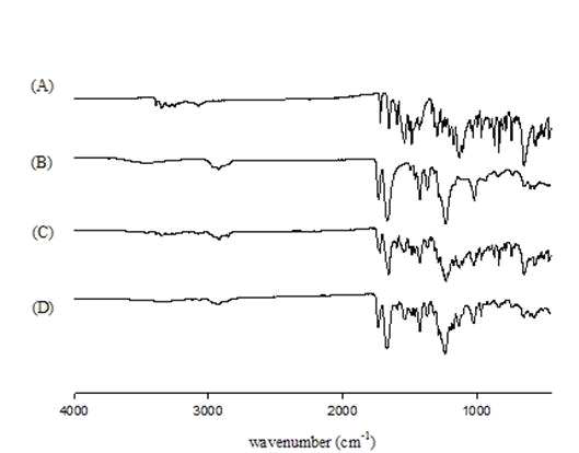 FTIR spectra: (A) regorafenib; (B) carrier; (C) physical mixture; (D) regorafenib nanoparticle