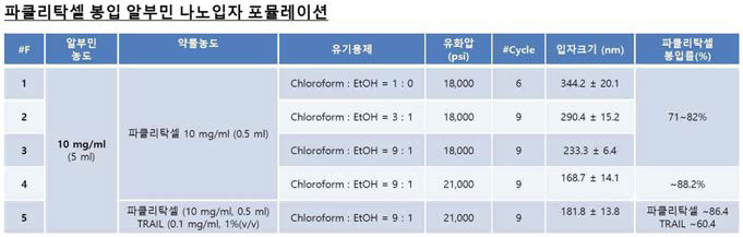 파클리탁셀 및 항암단백질 봉입 알부민 나노입자의 제제화 처방 (포뮬레이션)