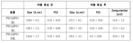 PEG 분자량 별 리포좀 나노제형의 약물 봉입 전후 입자크기 및 분포의 변화와 약물 봉입 후 표면전위의 측정