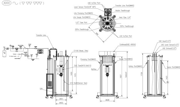 최종 설계된 200L급 극저온 용기를 포함한 수소액화기의 설계도면