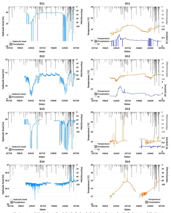 연구지역 4개 관측정에서 지하수위, 온도 및 전기전도도 변동(D11, D12, D13, D14 관정)