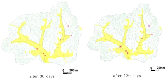 대수층 수리전도도에 따른 수위 강하 예측(K = 0.484 m/day (최대), S= 7.4E-3