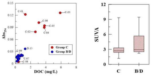 용존유기탄소와 흡광도의 상관관계 및 관정 그룹별 고유흡광도 비교