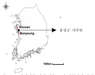 충남서부 기상 관측소 및 연구지역 위치