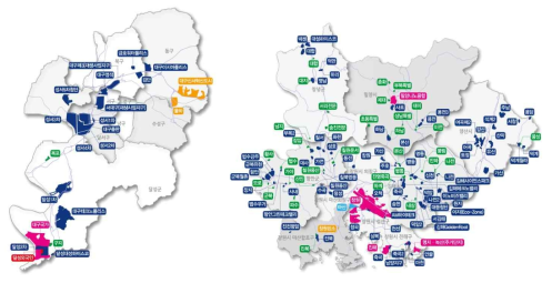 국가산업단지 및 일반산업단지 분포현황 (좌: 대구광역시, 우: 경상남도)