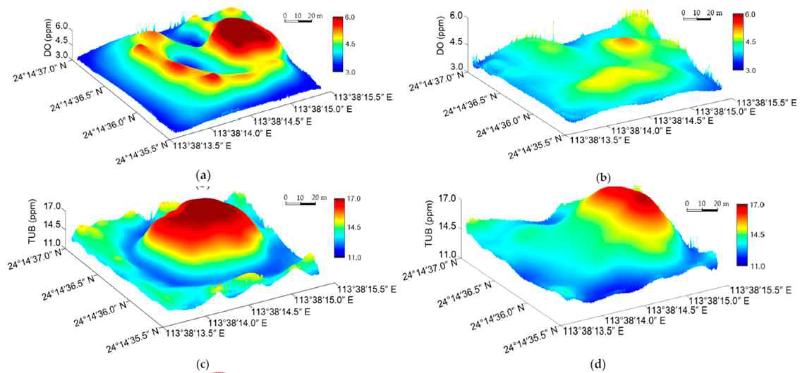 시간에 따른 호소 내 용존산소 및 탁도 분포 변화 예측 결과(Wang et al., 2020)