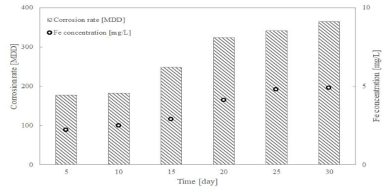 연속식 실험에 의한 강관 시편의 부식도 및 철 용출 변화