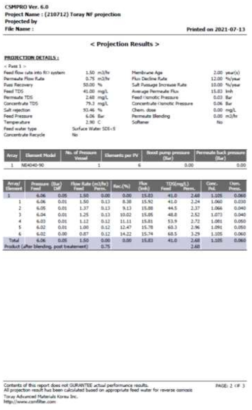 NF 막여과 원수 유량 1.5 ㎥/hr 운전 조건 프로젝션 결과(2)