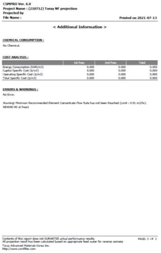 NF 막여과 원수 유량 1.5 ㎥/hr 운전 조건 프로젝션 결과(3)