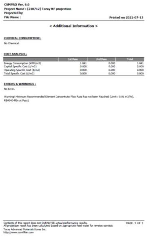 RO 막여과 원수 유량 1.5 ㎥/hr 운전 조건 프로젝션 결과(3)