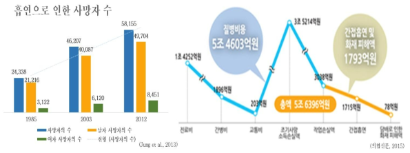 흡연에 의한 우리나라 사망자 수와 사회·경제적 손실(Jung et al., 2013; 의협신문, 2015)