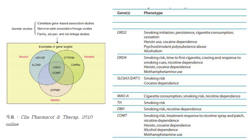 중독/의존성 관련 유전인자 및 도파민 관련 바이오마커 예시