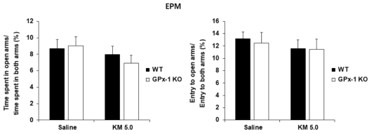 야생형 생쥐와 GPx-1 유전자 결핍 생쥐에서 케타민 투여 후 불안증상의 변화. KO = 유전자 결핍. EPM = elevated plus maze. KM 5.0 = 케타민 5.0 mg/kg, i.p. 각 수치는 8 마리의 평균 ± 표준오차임. Two-way ANOVA