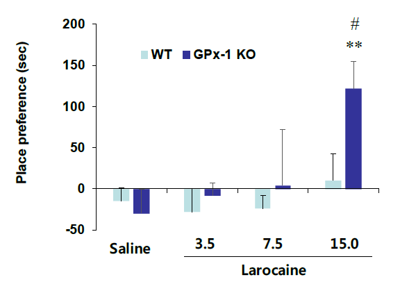 야생형 생쥐 (WT)와 GPx-1 유전자 결핍 생쥐에서 larocaine에 의한 조건장소선호도의 변화. KO = 유전자 결핍. 각 수치는 6 마리의 평균 ± 표준오차임. **P<0.01 vs. Corresponding Saline; #P<0.05 vs. Corresponding WT mice (two-way ANOVA followed by PLSD test)