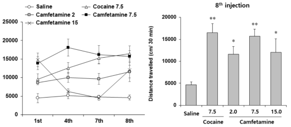 GPx-1 유전자 결핍 생쥐에서 camfetamine에 의한 행동민감화의 변화. KO = 유전자 결핍. COC 7.5 = 코카인 7.5 mg/kg, i.p. 각 수치는 6 마리의 평균 ± 표준오차임. *P<0.05, **P<0.01 vs. Saline (One-way or two-way ANOVA followed by PLSD test