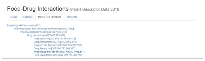 MeSH 용어집 내 ‘약물-식품 상호작용’(D018565)의 계층 위치