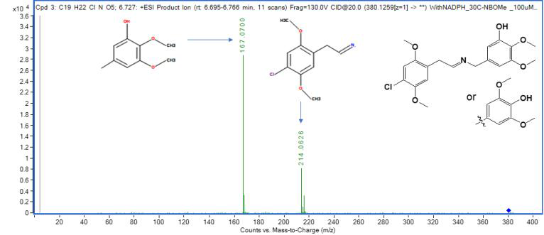 30C-NBOMe M06의 MS2 스펙트럼 및 구조 규명(CE: 20 eV)