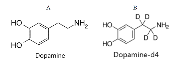 미세투석 도파민 시험 분석대상 화학구조 (A) 도파민, (B) 도파민-d4(내부표준물질)