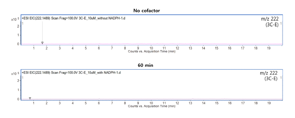 C13H19NO2 (m/z 222.1489)에서의 조효소처리 유무에 따른 EIC 비교 결과