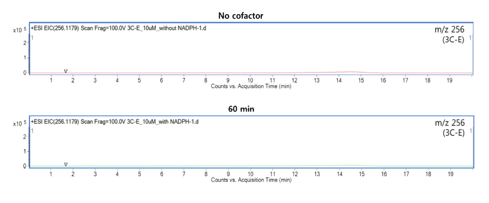 C12H17NO5 (m/z 256.1179)에서의 조효소처리 유무에 따른 EIC 비교 결과
