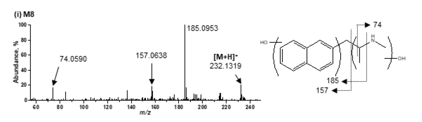 Methamnetamine M8의 MS2 스펙트럼 및 구조 규명